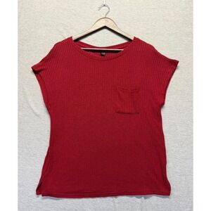 Perout Blouse Top Womens XL Red Waffle Knit Side Slits Crew Neck Cap Sleeves
